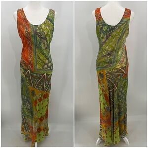 Vintage Y2K Chaudry green orange floral bandana print maxi dress